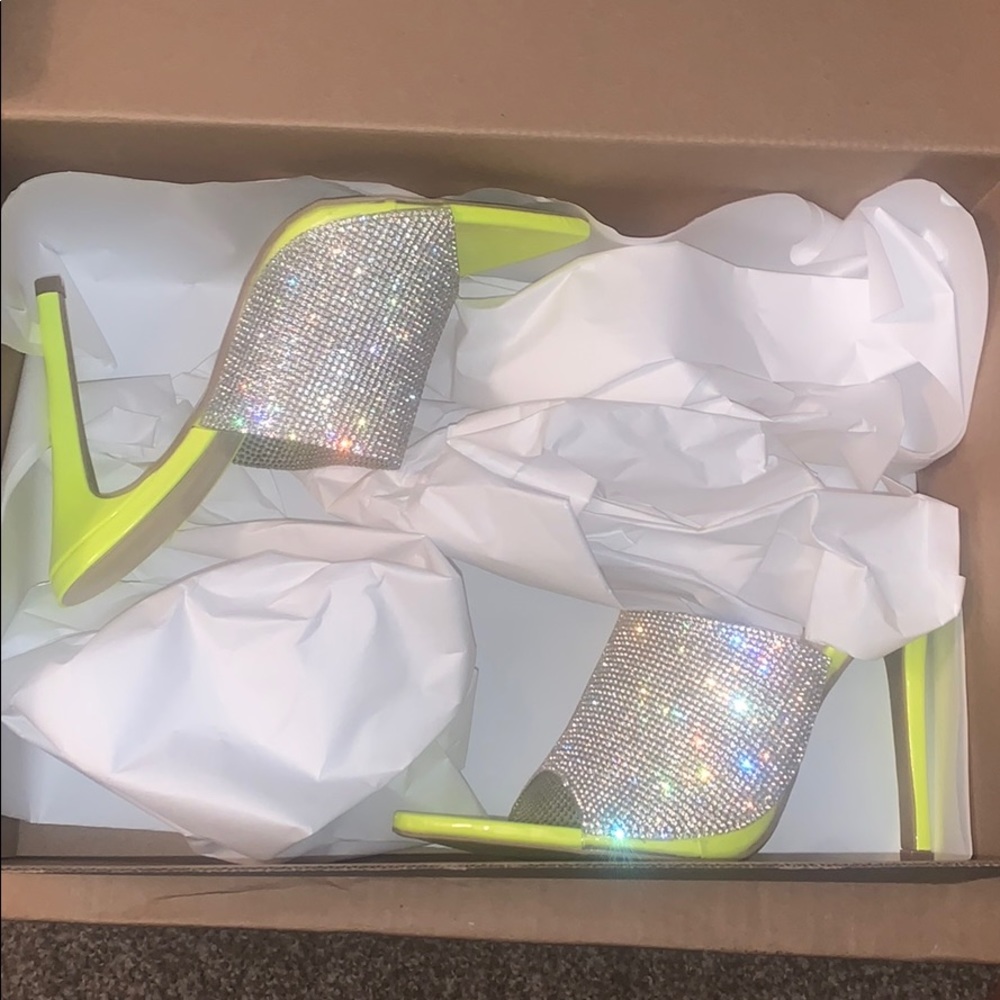 **BRAND NEW** NEON YELLOW RHINESTONE MULE HEELS